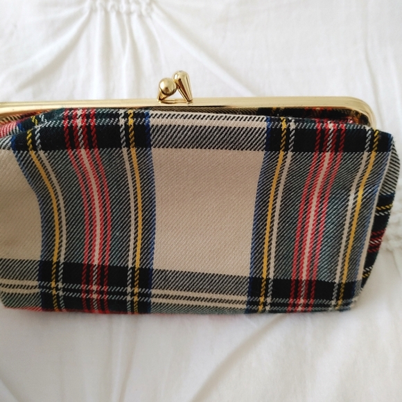 Vintage beige plaid fabric makeup clutch bag with mirror - Picture 4 of 9